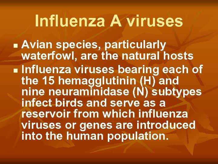 Influenza A viruses Avian species, particularly waterfowl, are the natural hosts n Influenza viruses