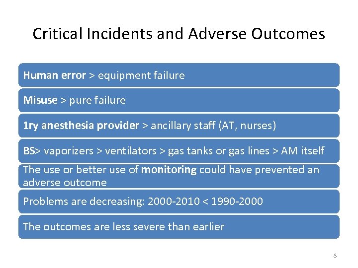 Critical Incidents and Adverse Outcomes Human error > equipment failure Misuse > pure failure
