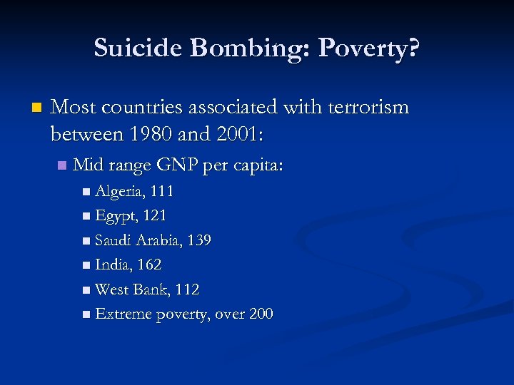 Suicide Bombing: Poverty? n Most countries associated with terrorism between 1980 and 2001: n
