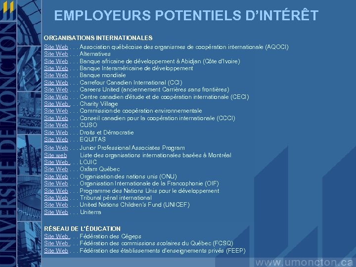 EMPLOYEURS POTENTIELS D’INTÉRÊT ORGANISATIONS INTERNATIONALES Site Web. . . Association québécoise des organismes de