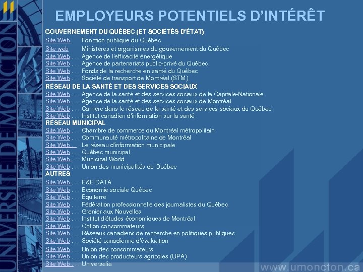 EMPLOYEURS POTENTIELS D’INTÉRÊT GOUVERNEMENT DU QUÉBEC (ET SOCIÉTÉS D'ÉTAT) Site Web Fonction publique du