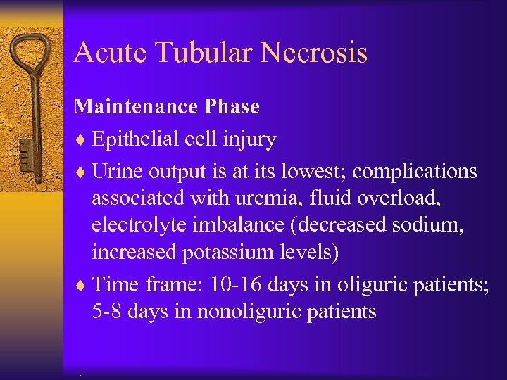 Acute Tubular Necrosis Maintenance Phase ¨ Epithelial cell injury ¨ Urine output is at