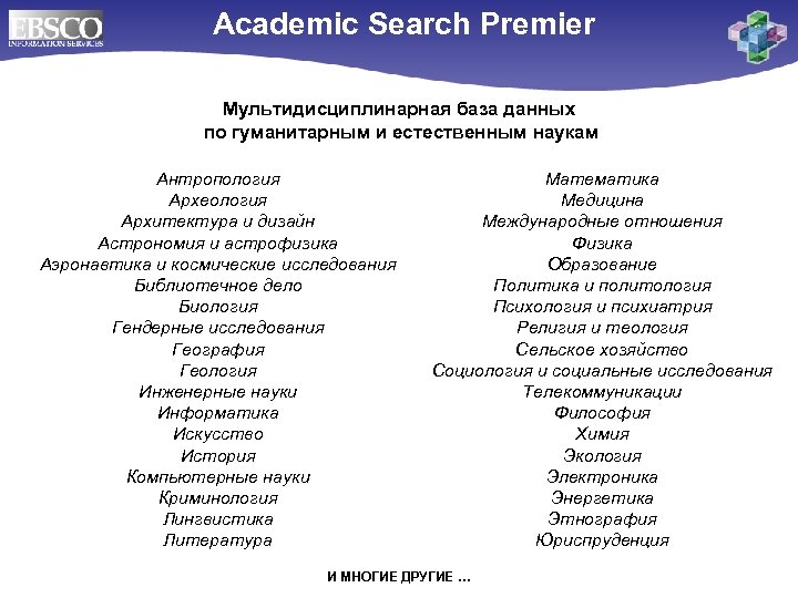 Academic Search Premier Мультидисциплинарная база данных по гуманитарным и естественным наукам Антропология Археология Архитектура