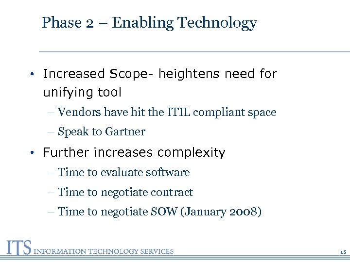 Phase 2 – Enabling Technology • Increased Scope- heightens need for unifying tool –