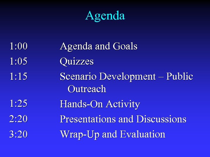 Agenda 1: 00 1: 05 1: 15 1: 25 2: 20 3: 20 Agenda