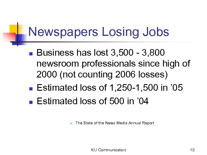 Newspapers Losing Jobs n n n Business has lost 3, 500 - 3, 800