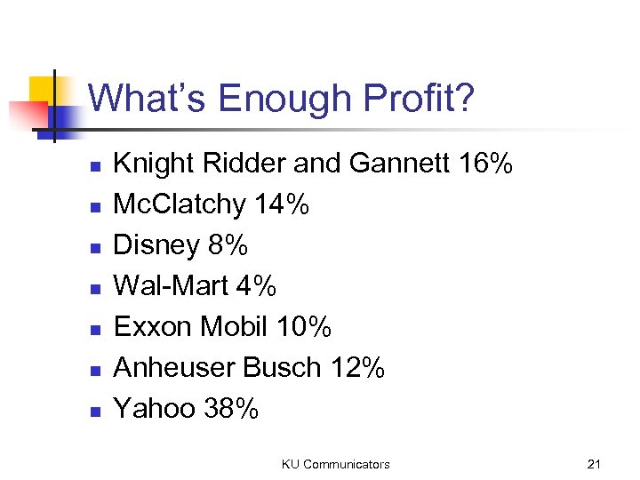 What’s Enough Profit? n n n n Knight Ridder and Gannett 16% Mc. Clatchy