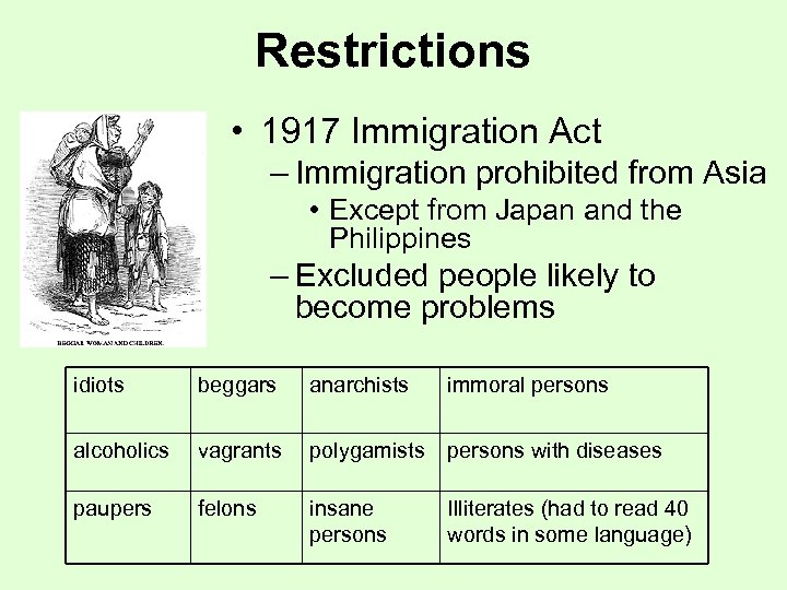 Restrictions • 1917 Immigration Act – Immigration prohibited from Asia • Except from Japan
