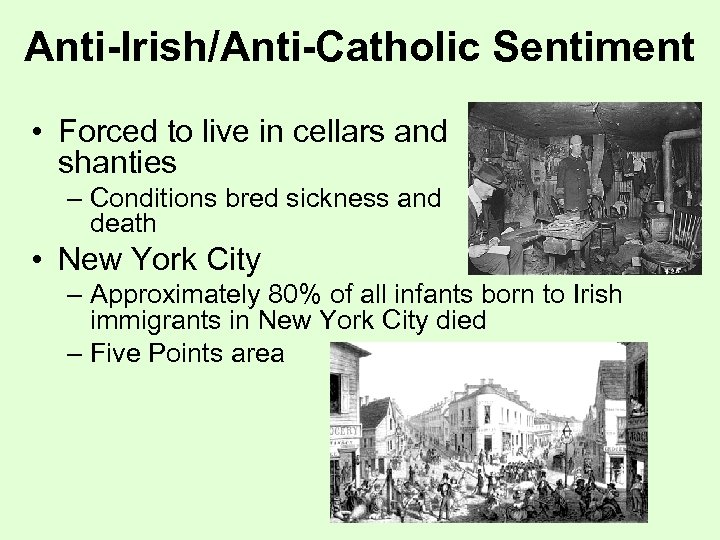 Anti-Irish/Anti-Catholic Sentiment • Forced to live in cellars and shanties – Conditions bred sickness