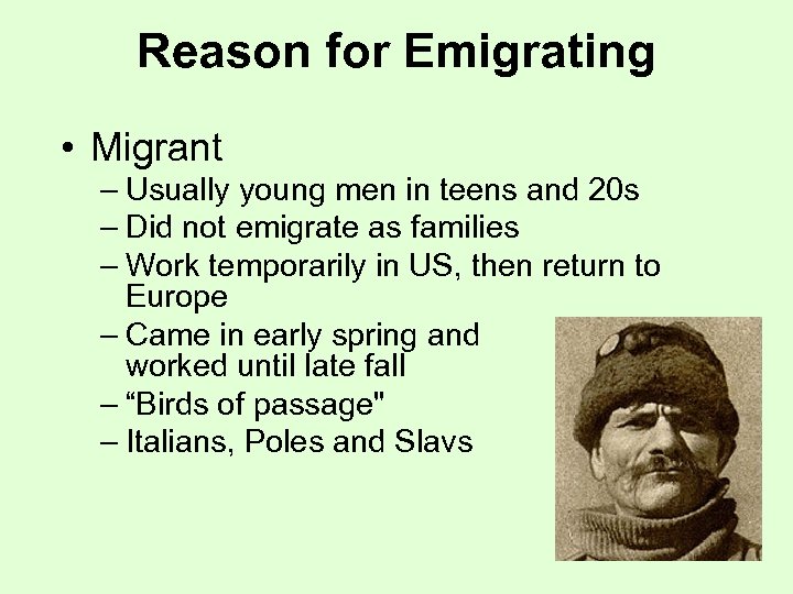 Reason for Emigrating • Migrant – Usually young men in teens and 20 s