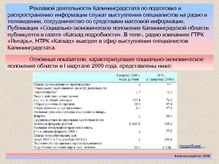 Рекламой деятельности Калининградстата по подготовке и распространению информации служат выступления специалистов на радио и