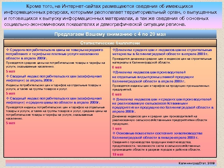 Кроме того, на Интернет-сайтах размещаются сведения об имеющихся информационных ресурсах, которыми располагает территориальный орган,