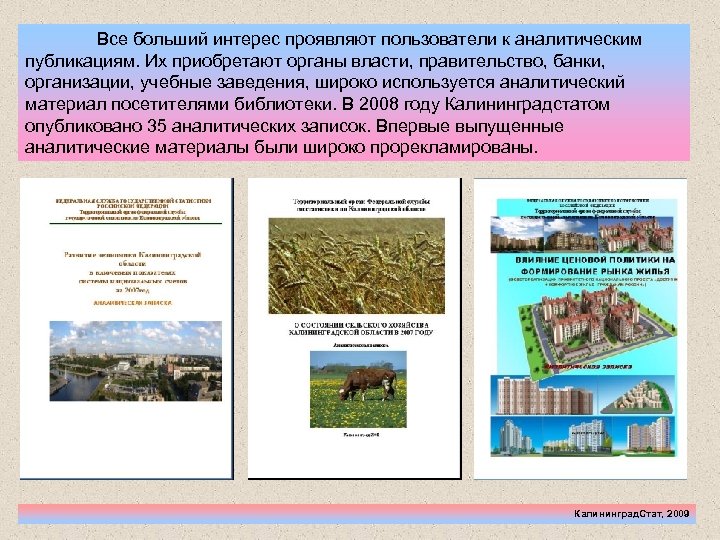 Все больший интерес проявляют пользователи к аналитическим публикациям. Их приобретают органы власти, правительство, банки,