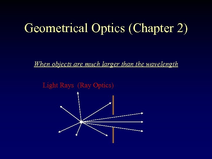 Geometrical Optics (Chapter 2) When objects are much larger than the wavelength Light Rays