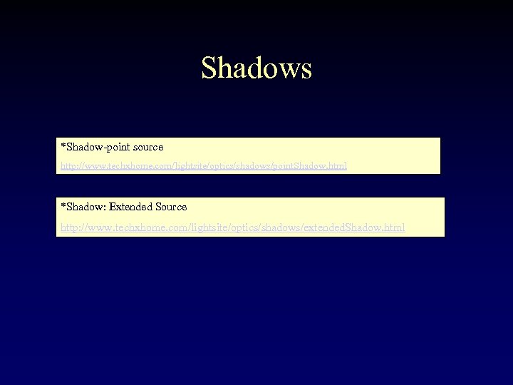 Shadows *Shadow-point source http: //www. techxhome. com/lightsite/optics/shadows/point. Shadow. html *Shadow: Extended Source http: //www.