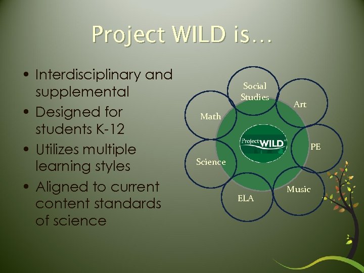 Project WILD is… • Interdisciplinary and supplemental • Designed for students K-12 • Utilizes