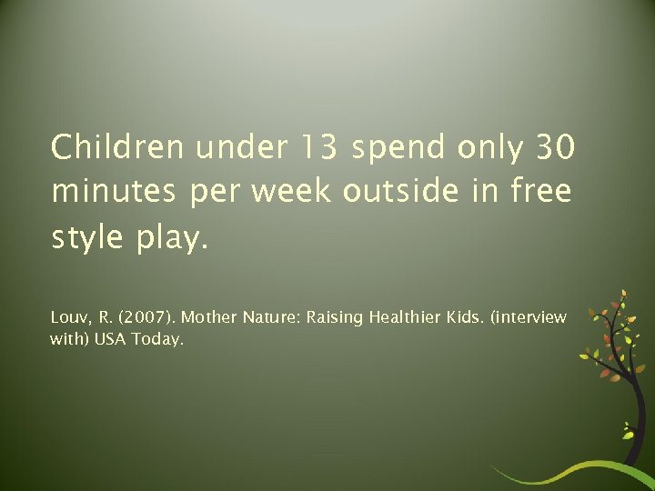 Children under 13 spend only 30 minutes per week outside in free style play.