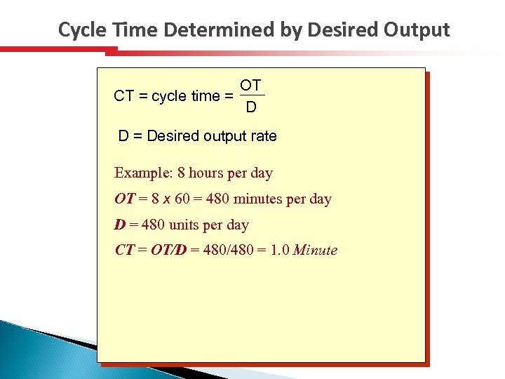 Cycle Time Determined by Desired Output OT CT = cycle time = D D