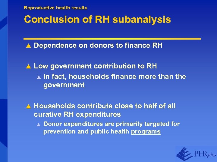 Reproductive health results Conclusion of RH subanalysis p Dependence on donors to finance RH