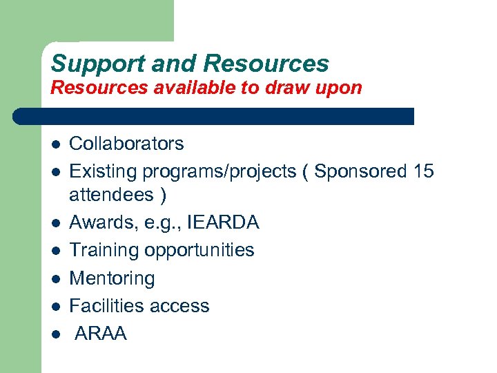 Support and Resources available to draw upon l l l l Collaborators Existing programs/projects