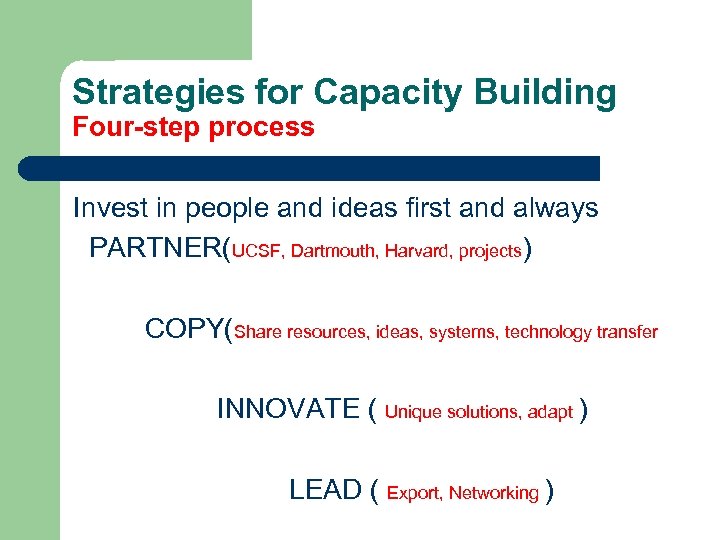 Strategies for Capacity Building Four-step process Invest in people and ideas first and always