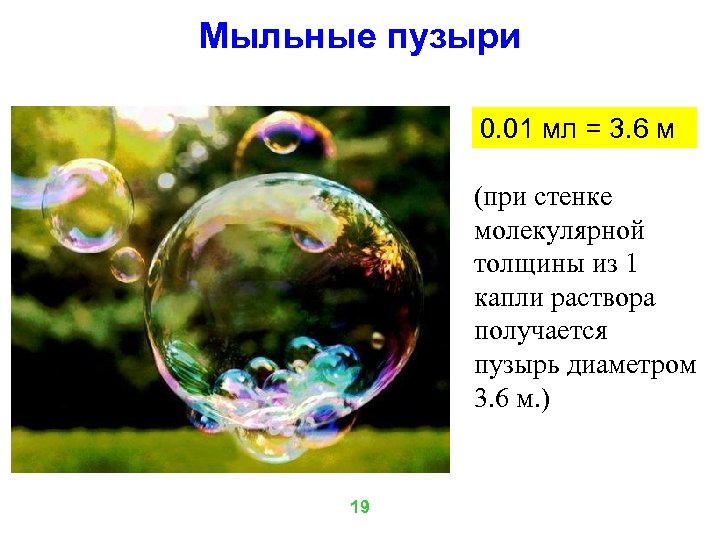 Мыльные пузыри 0. 01 мл = 3. 6 м (при стенке молекулярной толщины из