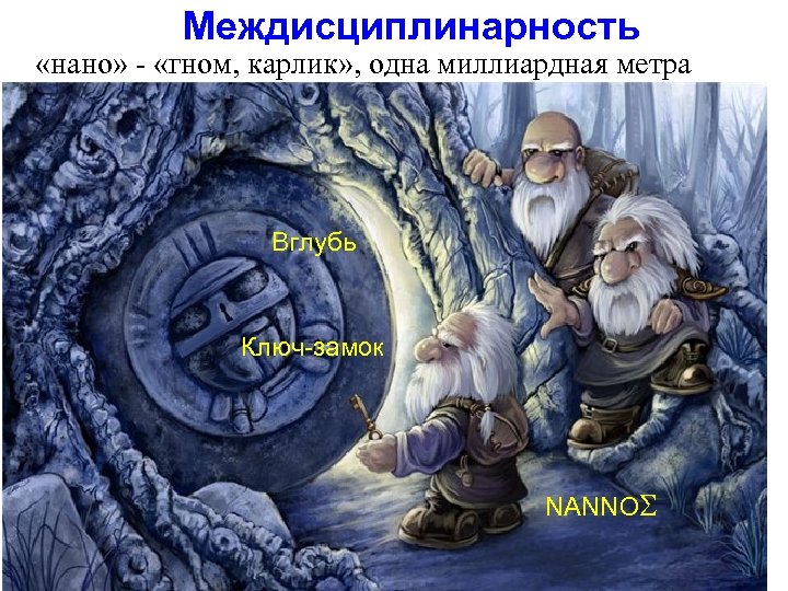 Междисциплинарность «нано» - «гном, карлик» , одна миллиардная метра Вглубь Ключ-замок NANNO 