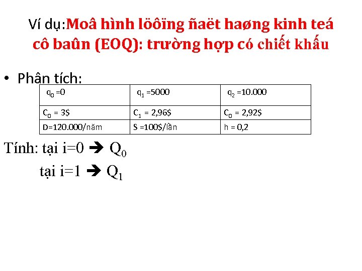 Ví dụ: Moâ hình löôïng ñaët haøng kinh teá cô baûn (EOQ): trường hợp