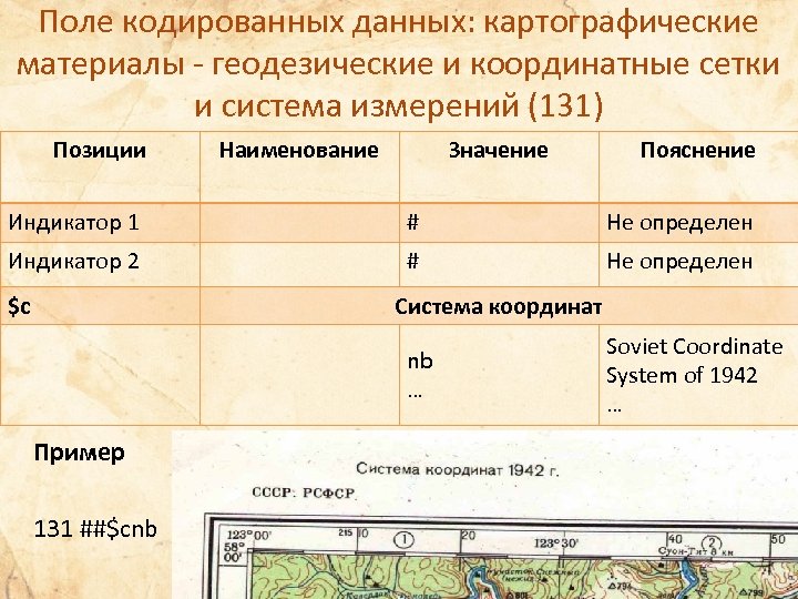 Поле кодированных данных: картографические материалы - геодезические и координатные сетки и система измерений (131)