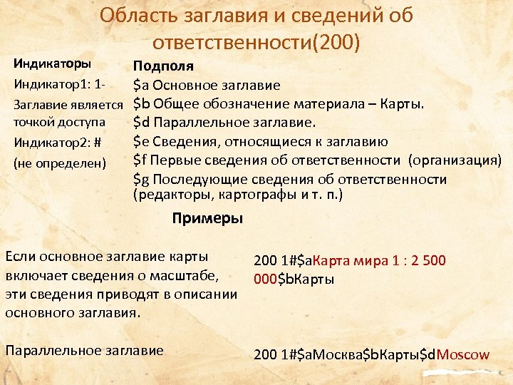 Область заглавия и сведений об ответственности(200) Индикаторы Индикатор1: 1 Заглавие является точкой доступа Индикатор2: