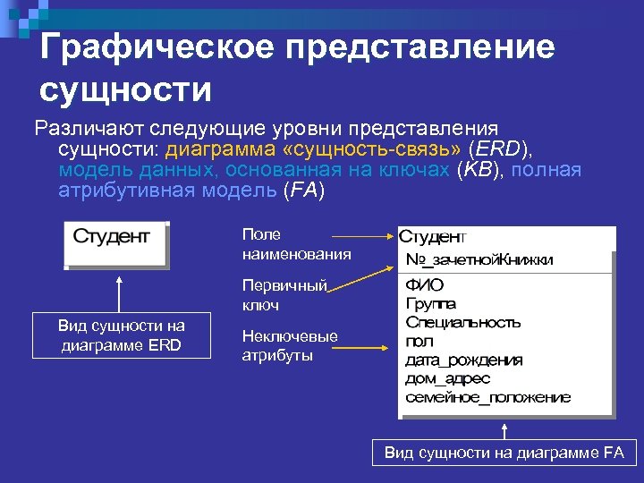 Графическое представление сущности Различают следующие уровни представления сущности: диаграмма «сущность-связь» (ERD), ERD модель данных,