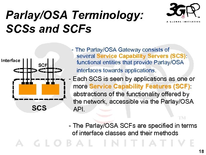 Parlay/OSA Terminology: SCSs and SCFs Interface SCF SCS - The Parlay/OSA Gateway consists of