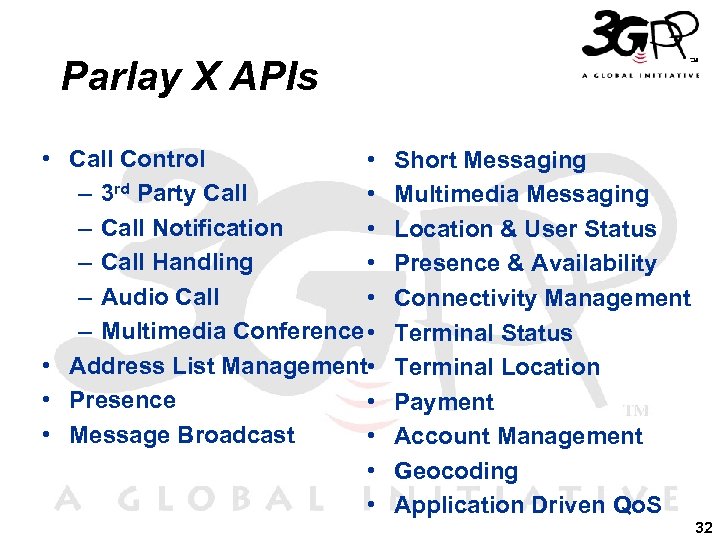 Parlay X APIs • Call Control • – 3 rd Party Call • –