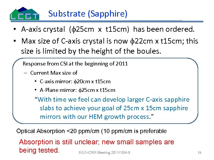Substrate (Sapphire) • A-axis crystal (f 25 cm x t 15 cm) has been