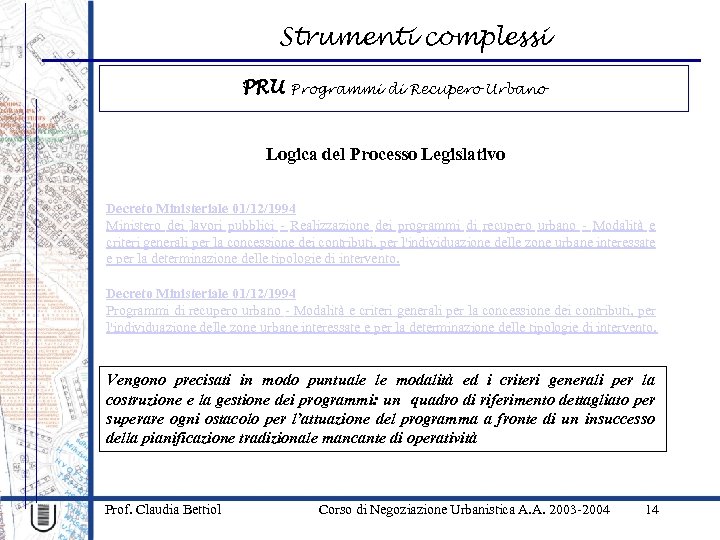 Strumenti complessi PRU Programmi di Recupero Urbano Logica del Processo Legislativo Decreto Ministeriale 01/12/1994