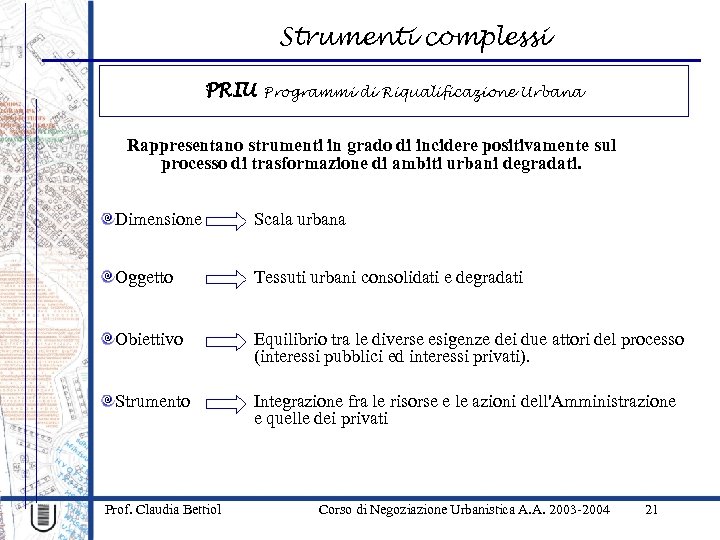 Strumenti complessi PRIU Programmi di Riqualificazione Urbana Rappresentano strumenti in grado di incidere positivamente