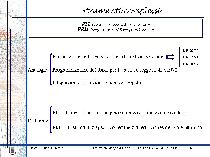 Strumenti complessi PII Piani Integrati di Intervento PRU Programmi di Recupero Urbano L. R.
