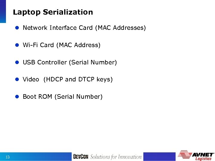 Laptop Serialization Network Interface Card (MAC Addresses) Wi-Fi Card (MAC Address) USB Controller (Serial