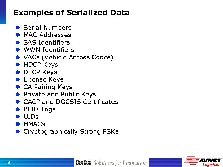 Examples of Serialized Data 14 Serial Numbers MAC Addresses SAS Identifiers WWN Identifiers VACs