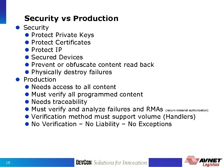Security vs Production Security Protect Private Keys Protect Certificates Protect IP Secured Devices Prevent