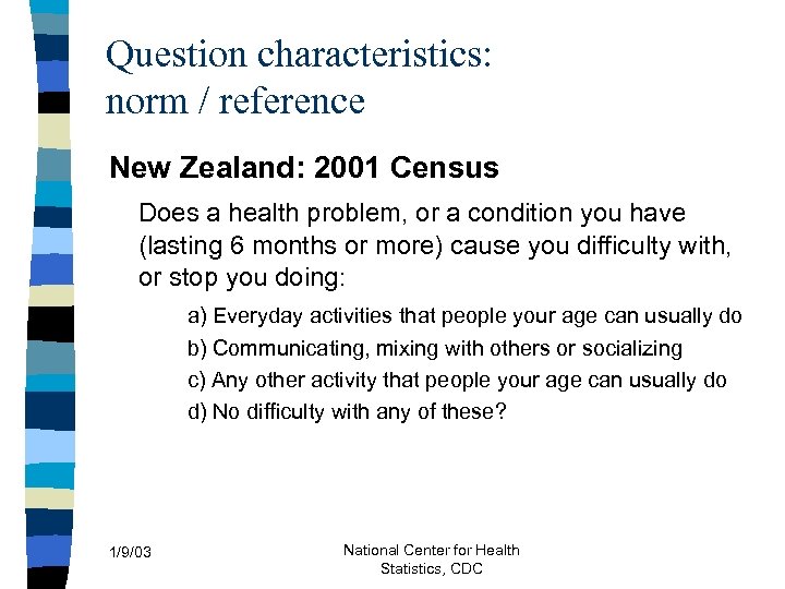 Question characteristics: norm / reference New Zealand: 2001 Census Does a health problem, or