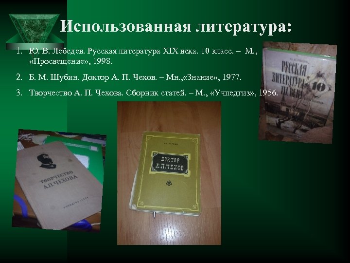 Использованная литература: 1. Ю. В. Лебедев. Русская литература XIX века. 10 класс. – М.