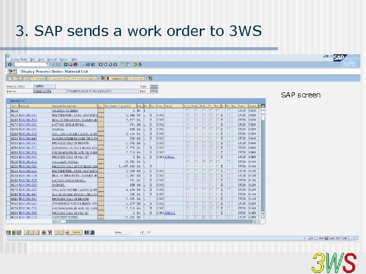 3. SAP sends a work order to 3 WS SAP screen 