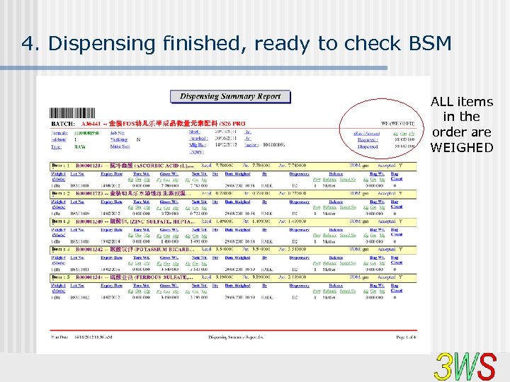 4. Dispensing finished, ready to check BSM ALL items in the order are WEIGHED