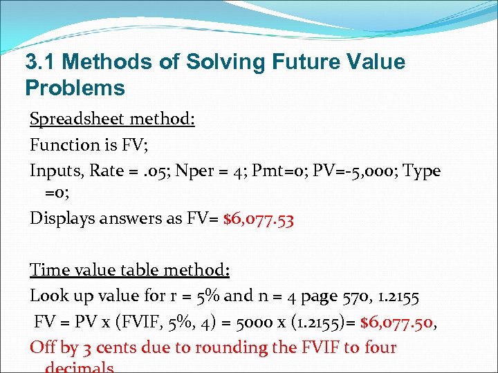 3. 1 Methods of Solving Future Value Problems Spreadsheet method: Function is FV; Inputs,