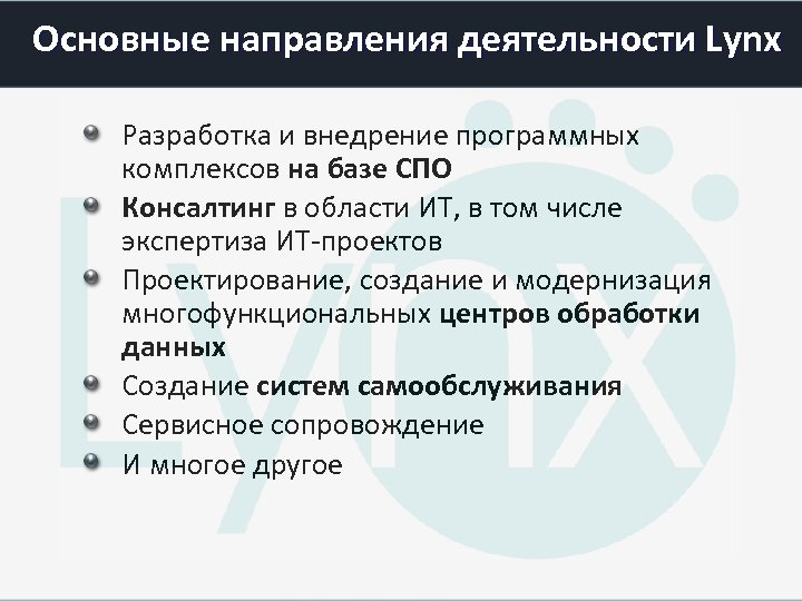Основные направления деятельности Lynx Разработка и внедрение программных комплексов на базе СПО Консалтинг в
