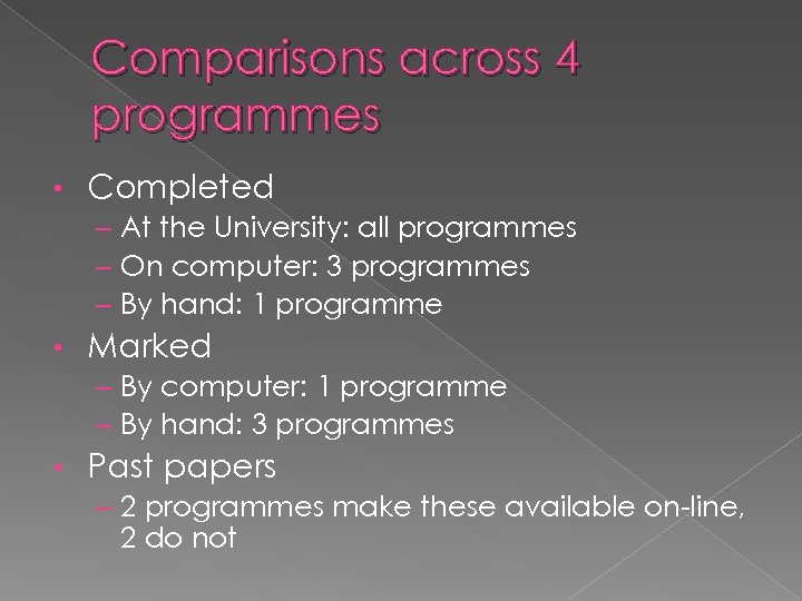 Comparisons across 4 programmes • Completed – At the University: all programmes – On