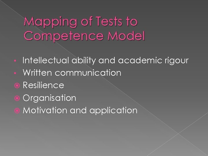 Mapping of Tests to Competence Model Intellectual ability and academic rigour • Written communication