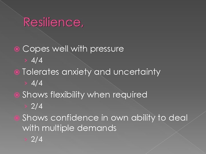Resilience, Copes well with pressure › 4/4 Tolerates anxiety and uncertainty › 4/4 Shows