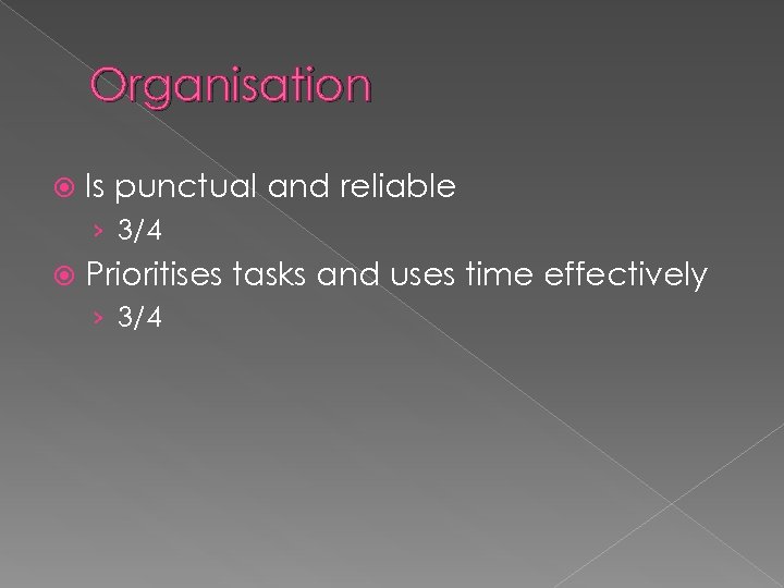 Organisation Is punctual and reliable › 3/4 Prioritises tasks and uses time effectively ›